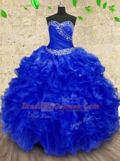 Royal Blue Sleeveless Organza Lace Up Quinceanera Gowns for Military Ball and Sweet 16 and Quinceanera