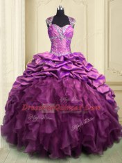 Enchanting Lilac Sweet 16 Dresses Military Ball and Sweet 16 and Quinceanera and For with Beading and Ruffles and Ruffled Layers and Pick Ups Sweetheart Cap Sleeves Brush Train Lace Up