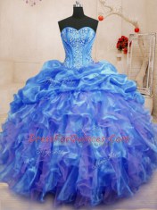 Sophisticated Blue Ball Gown Prom Dress Military Ball and Sweet 16 and Quinceanera and For with Beading and Ruffles Sweetheart Sleeveless Lace Up