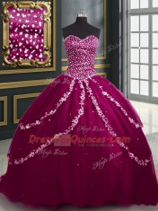 Unique Burgundy and Fuchsia Sleeveless Brush Train Beading and Appliques With Train 15 Quinceanera Dress