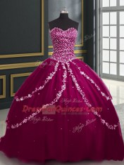 Unique Burgundy and Fuchsia Sleeveless Brush Train Beading and Appliques With Train 15 Quinceanera Dress