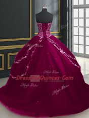 Unique Burgundy and Fuchsia Sleeveless Brush Train Beading and Appliques With Train 15 Quinceanera Dress