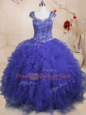 Royal Blue Lace Up Square Beading and Ruffles and Sequins Sweet 16 Dresses Tulle Cap Sleeves