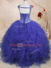 Royal Blue Lace Up Square Beading and Ruffles and Sequins Sweet 16 Dresses Tulle Cap Sleeves