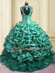 Turquoise Organza and Taffeta Lace Up Quinceanera Gowns Cap Sleeves With Brush Train Beading and Ruffles and Pick Ups