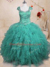Elegant Turquoise Lace Up Sweet 16 Dresses Beading and Ruffles Cap Sleeves Floor Length