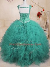 Elegant Turquoise Lace Up Sweet 16 Dresses Beading and Ruffles Cap Sleeves Floor Length
