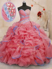 Decent Coral Red Sleeveless Brush Train Beading and Ruffles With Train Vestidos de Quinceanera