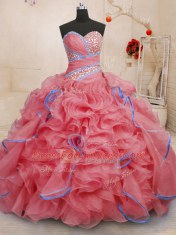 Decent Coral Red Sleeveless Brush Train Beading and Ruffles With Train Vestidos de Quinceanera