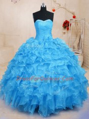 Most Popular Baby Blue Sleeveless Beading and Ruffles and Hand Made Flower Floor Length Ball Gown Prom Dress