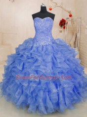 Blue Ball Gowns Sweetheart Sleeveless Organza Floor Length Lace Up Beading and Ruffles Sweet 16 Dresses