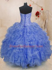 Blue Ball Gowns Sweetheart Sleeveless Organza Floor Length Lace Up Beading and Ruffles Sweet 16 Dresses