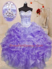 Comfortable Beading and Ruffles Vestidos de Quinceanera Lavender Lace Up Sleeveless Floor Length