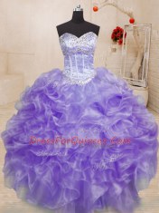Comfortable Beading and Ruffles Vestidos de Quinceanera Lavender Lace Up Sleeveless Floor Length