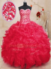 Extravagant Coral Red Organza Lace Up Quinceanera Dresses Sleeveless Floor Length Beading and Ruffles and Sequins