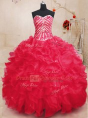 Extravagant Coral Red Organza Lace Up Quinceanera Dresses Sleeveless Floor Length Beading and Ruffles and Sequins