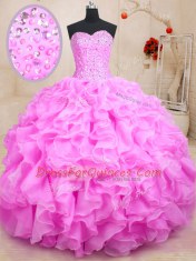 Organza Sweetheart Sleeveless Lace Up Beading and Ruffles Quinceanera Dresses in Rose Pink