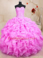 Organza Sweetheart Sleeveless Lace Up Beading and Ruffles Quinceanera Dresses in Rose Pink