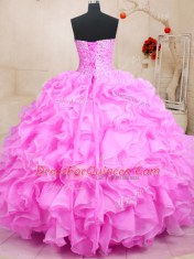Organza Sweetheart Sleeveless Lace Up Beading and Ruffles Quinceanera Dresses in Rose Pink