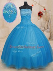 Baby Blue Tulle Lace Up Strapless Sleeveless Floor Length Vestidos de Quinceanera Beading