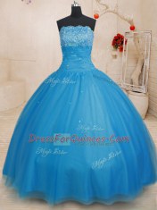 Baby Blue Tulle Lace Up Strapless Sleeveless Floor Length Vestidos de Quinceanera Beading
