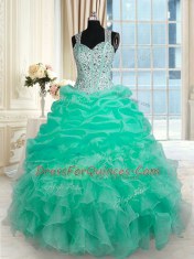 Turquoise Sleeveless Organza Zipper Ball Gown Prom Dress for Military Ball and Sweet 16 and Quinceanera