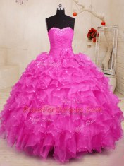 Deluxe Floor Length Hot Pink Quinceanera Dress Organza Sleeveless Beading and Ruffles and Hand Made Flower
