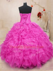 Deluxe Floor Length Hot Pink Quinceanera Dress Organza Sleeveless Beading and Ruffles and Hand Made Flower
