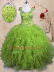 Short Sleeves Floor Length Beading and Ruffles Lace Up Sweet 16 Quinceanera Dress with Olive Green