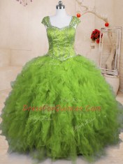 Short Sleeves Floor Length Beading and Ruffles Lace Up Sweet 16 Quinceanera Dress with Olive Green