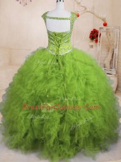 Short Sleeves Floor Length Beading and Ruffles Lace Up Sweet 16 Quinceanera Dress with Olive Green
