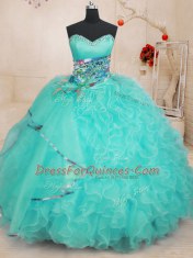 Extravagant Sweetheart Sleeveless Lace Up Quinceanera Dresses Aqua Blue Organza