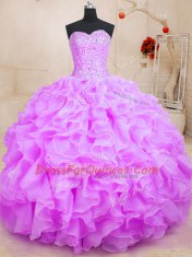 Exquisite Sleeveless Floor Length Beading and Ruffles Lace Up Quinceanera Dresses with Lilac