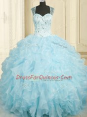 Baby Blue Sleeveless Organza Lace Up Quinceanera Dress for Military Ball and Sweet 16 and Quinceanera
