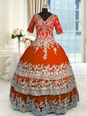 Best Selling Floor Length Orange Red Vestidos de Quinceanera Tulle Half Sleeves Beading and Appliques and Ruffles