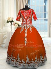 Best Selling Floor Length Orange Red Vestidos de Quinceanera Tulle Half Sleeves Beading and Appliques and Ruffles