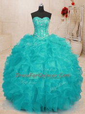 Floor Length Ball Gowns Sleeveless Aqua Blue Quinceanera Dress Lace Up
