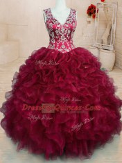 Discount V-neck Sleeveless Zipper Quinceanera Dresses Wine Red Organza