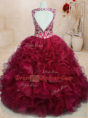 Discount V-neck Sleeveless Zipper Quinceanera Dresses Wine Red Organza