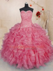 Custom Made Sweetheart Sleeveless Lace Up Sweet 16 Quinceanera Dress Pink Organza