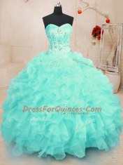 Custom Design Turquoise Lace Up Vestidos de Quinceanera Beading and Ruffles Sleeveless Floor Length