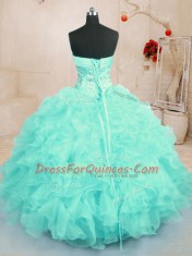 Custom Design Turquoise Lace Up Vestidos de Quinceanera Beading and Ruffles Sleeveless Floor Length
