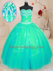 High End Sleeveless Tulle and Sequined Floor Length Lace Up Sweet 16 Dress in Turquoise with Beading and Appliques