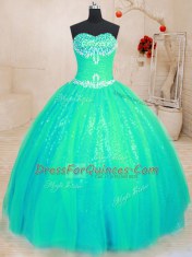High End Sleeveless Tulle and Sequined Floor Length Lace Up Sweet 16 Dress in Turquoise with Beading and Appliques