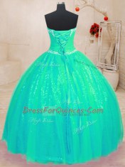 High End Sleeveless Tulle and Sequined Floor Length Lace Up Sweet 16 Dress in Turquoise with Beading and Appliques