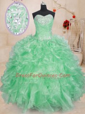 Fantastic Beading and Ruffles and Pick Ups 15th Birthday Dress Apple Green Lace Up Sleeveless Floor Length