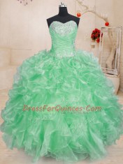 Fantastic Beading and Ruffles and Pick Ups 15th Birthday Dress Apple Green Lace Up Sleeveless Floor Length