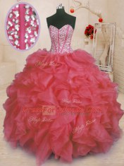 Coral Red Organza Lace Up Sweetheart Sleeveless Floor Length Quinceanera Gowns Beading and Ruffles