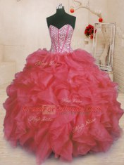 Coral Red Organza Lace Up Sweetheart Sleeveless Floor Length Quinceanera Gowns Beading and Ruffles