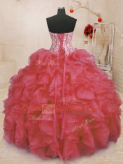 Coral Red Organza Lace Up Sweetheart Sleeveless Floor Length Quinceanera Gowns Beading and Ruffles